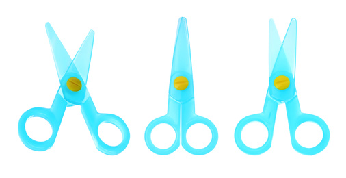 Image of Set of training scissors on white background, top view