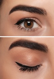 Image of Collage with photoswoman with black eyeliner, closeup view of closed and open eyes