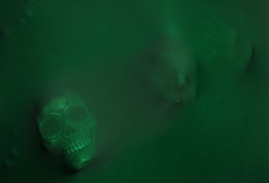 Silhouette of creepy ghost with skulls behind green cloth