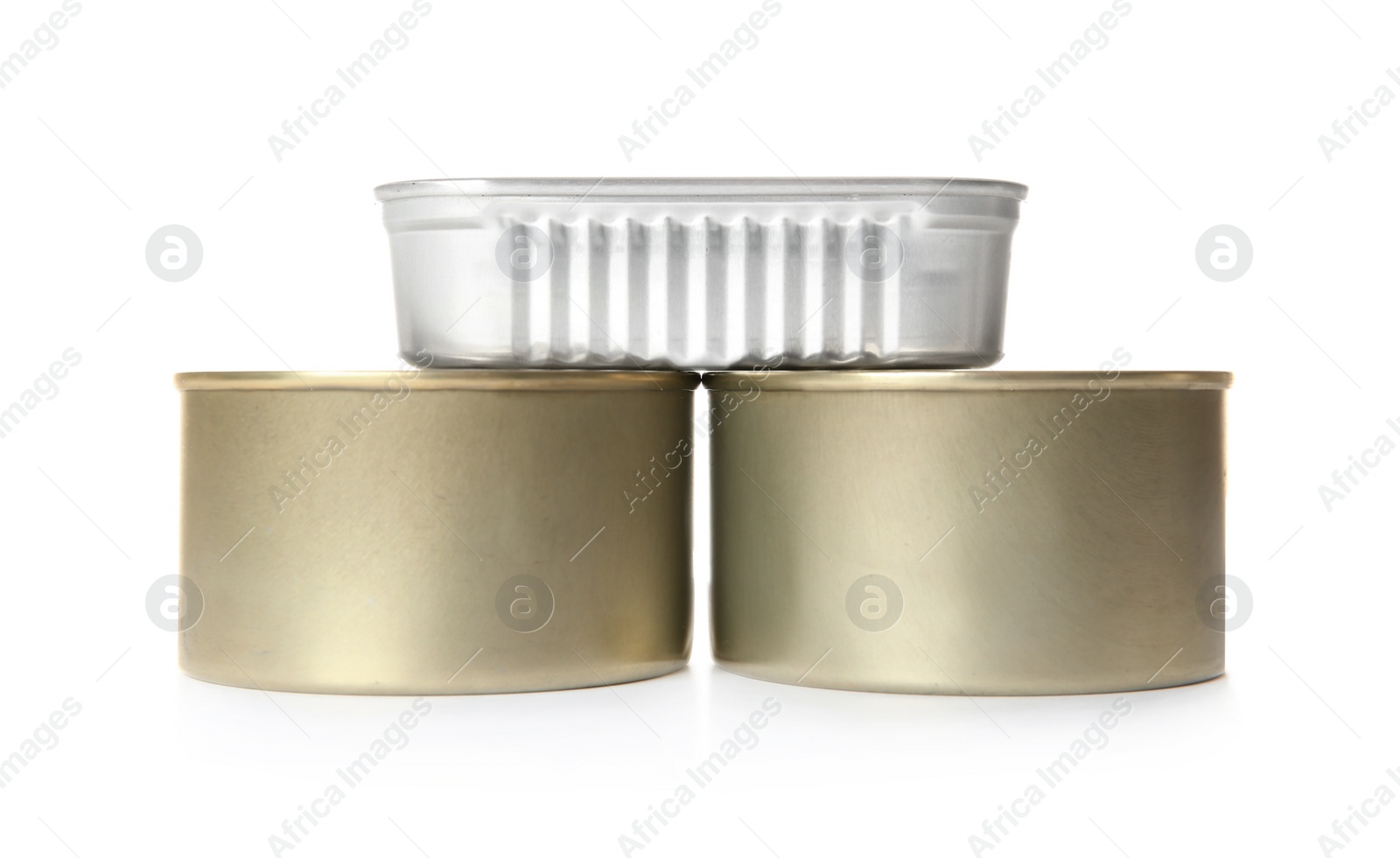 Photo of Group of closed tin cans isolated on white