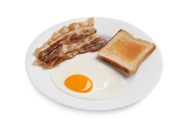 Photo of Tasty fried egg with toast and bacon in plate isolated on white
