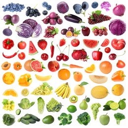 Image of Many fresh fruits and vegetables arranged in rainbow colors on white background, collage