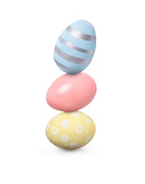 Image of Stack of Easter eggs on white background
