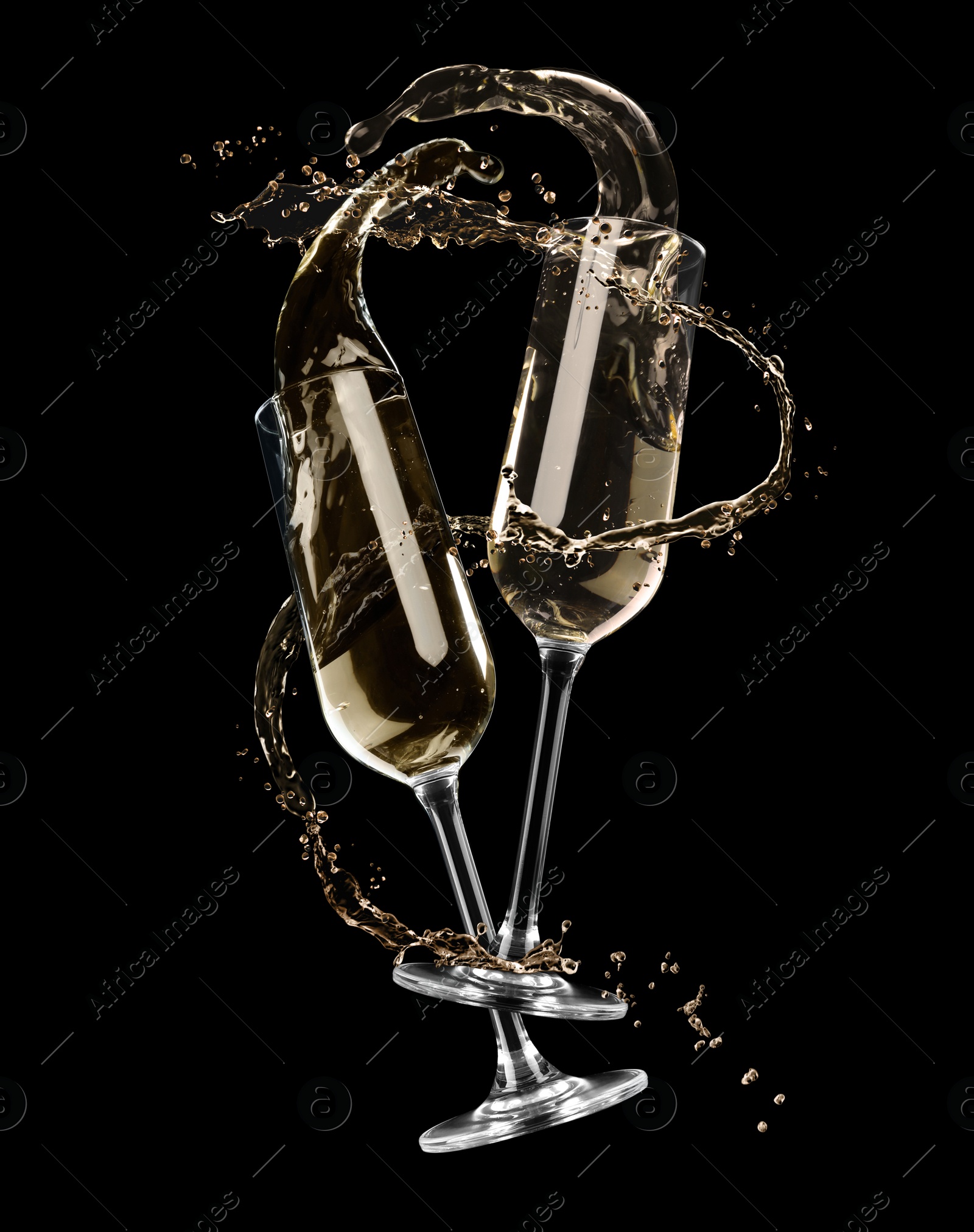 Image of Glasses with sparkling wine and splashes on black background