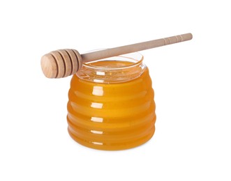 Photo of Tasty natural honey in glass jar and dipper isolated on white