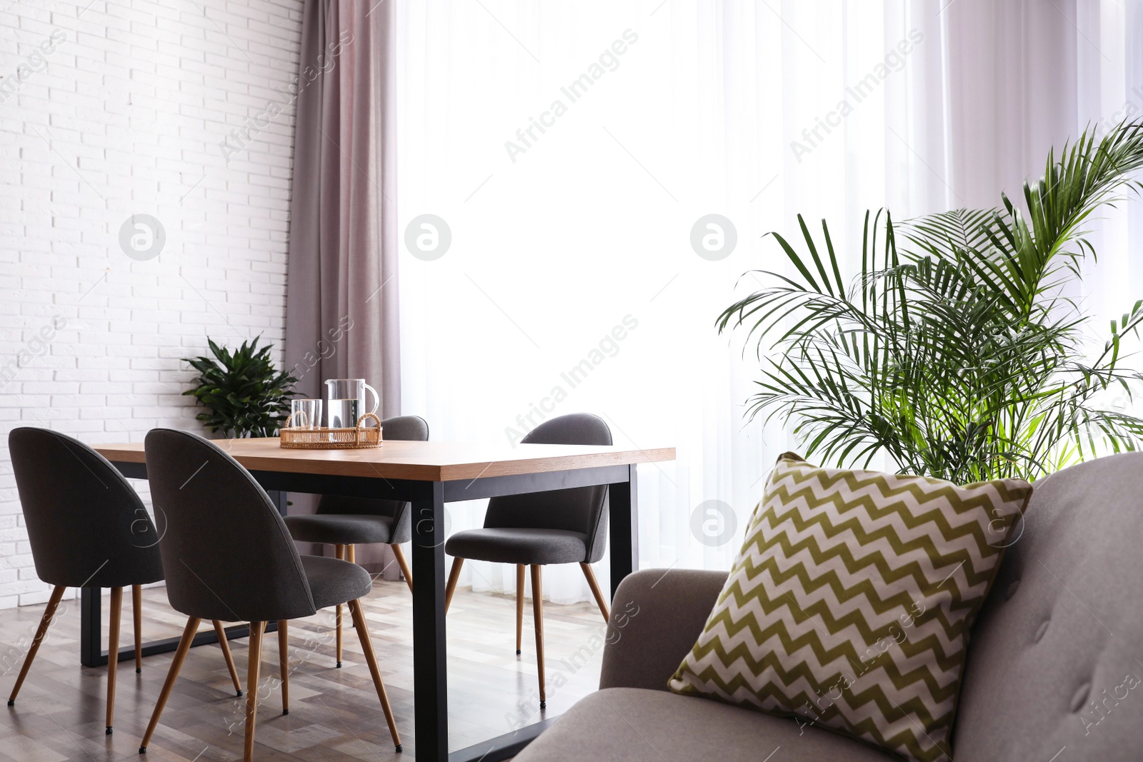 Photo of Stylish room interior with green plants. Home decoration