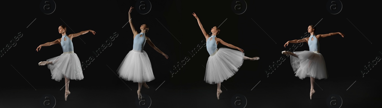 Image of Ballerina practicing dance moves on black background, set of photos