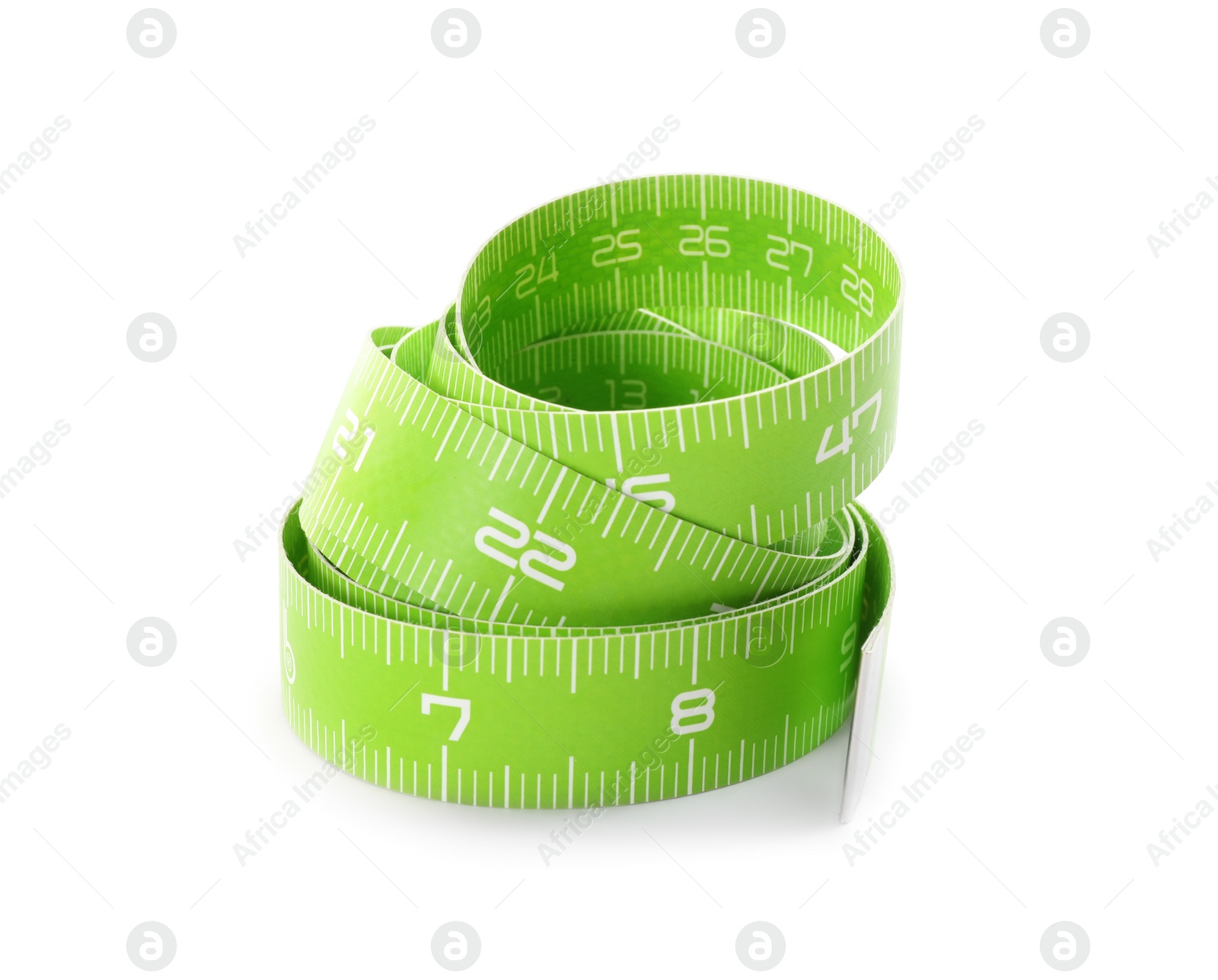 Photo of Long green measuring tape isolated on white