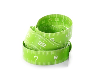 Photo of Long green measuring tape isolated on white