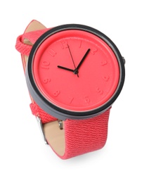 Photo of Stylish wrist watch on white background. Fashion accessory