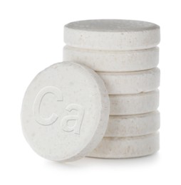 Image of Calcium supplement. Stack of tablets on white background, closeup