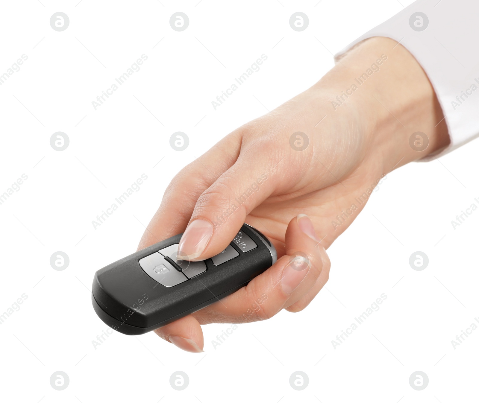 Photo of Woman holding car smart key isolated on white