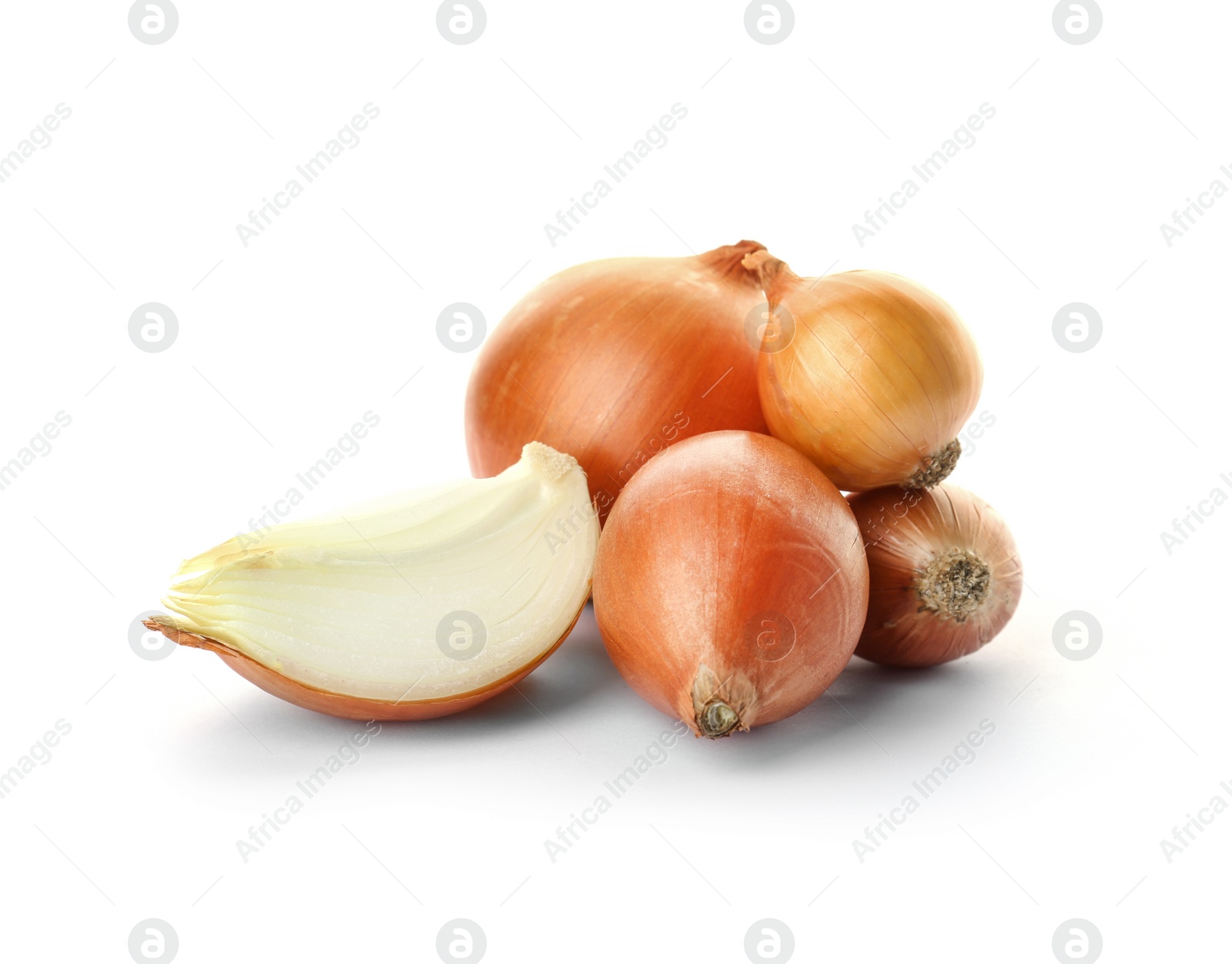 Photo of Fresh ripe onions on white background