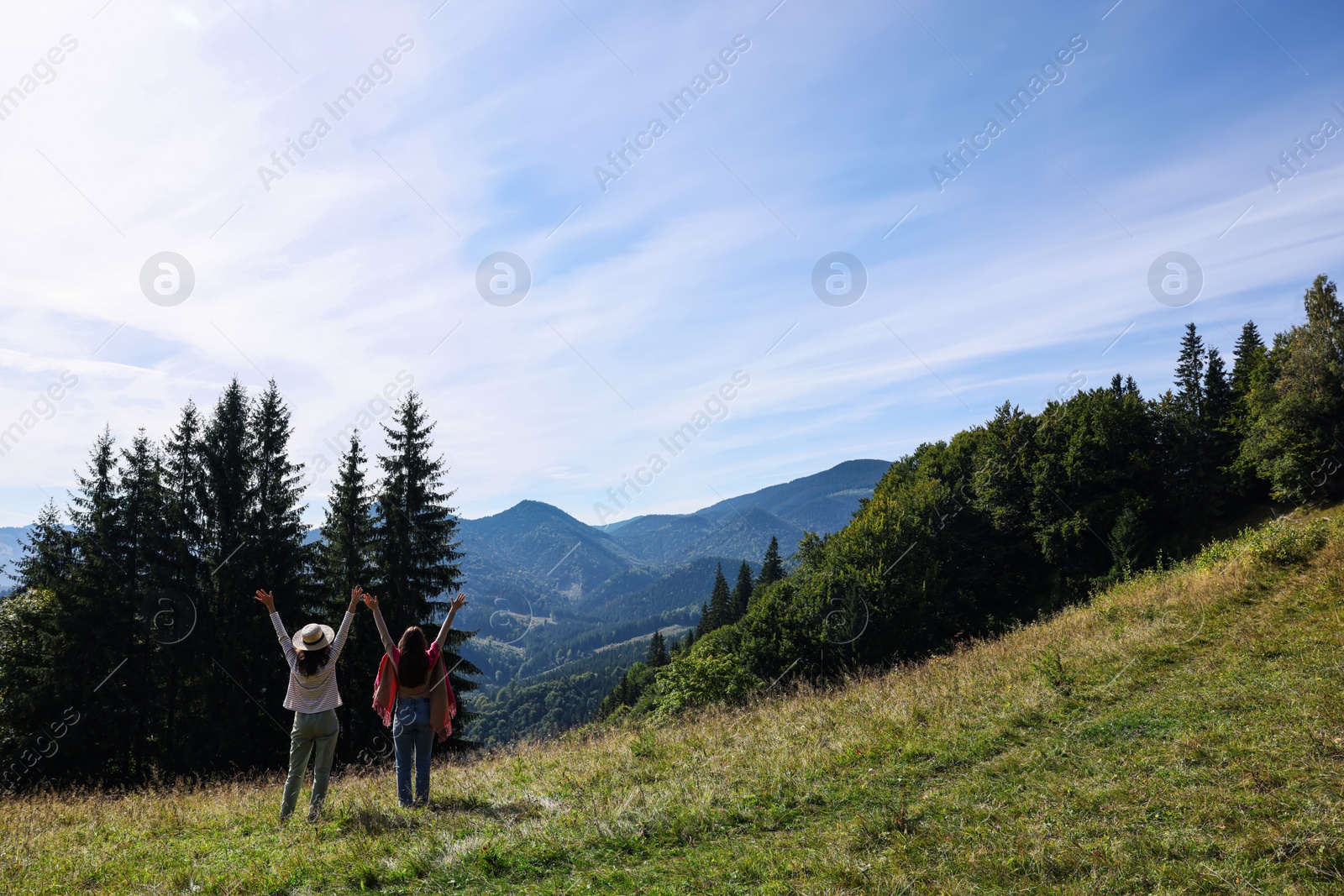Photo of Women enjoying mountain landscape on sunny day, back view. Space for text