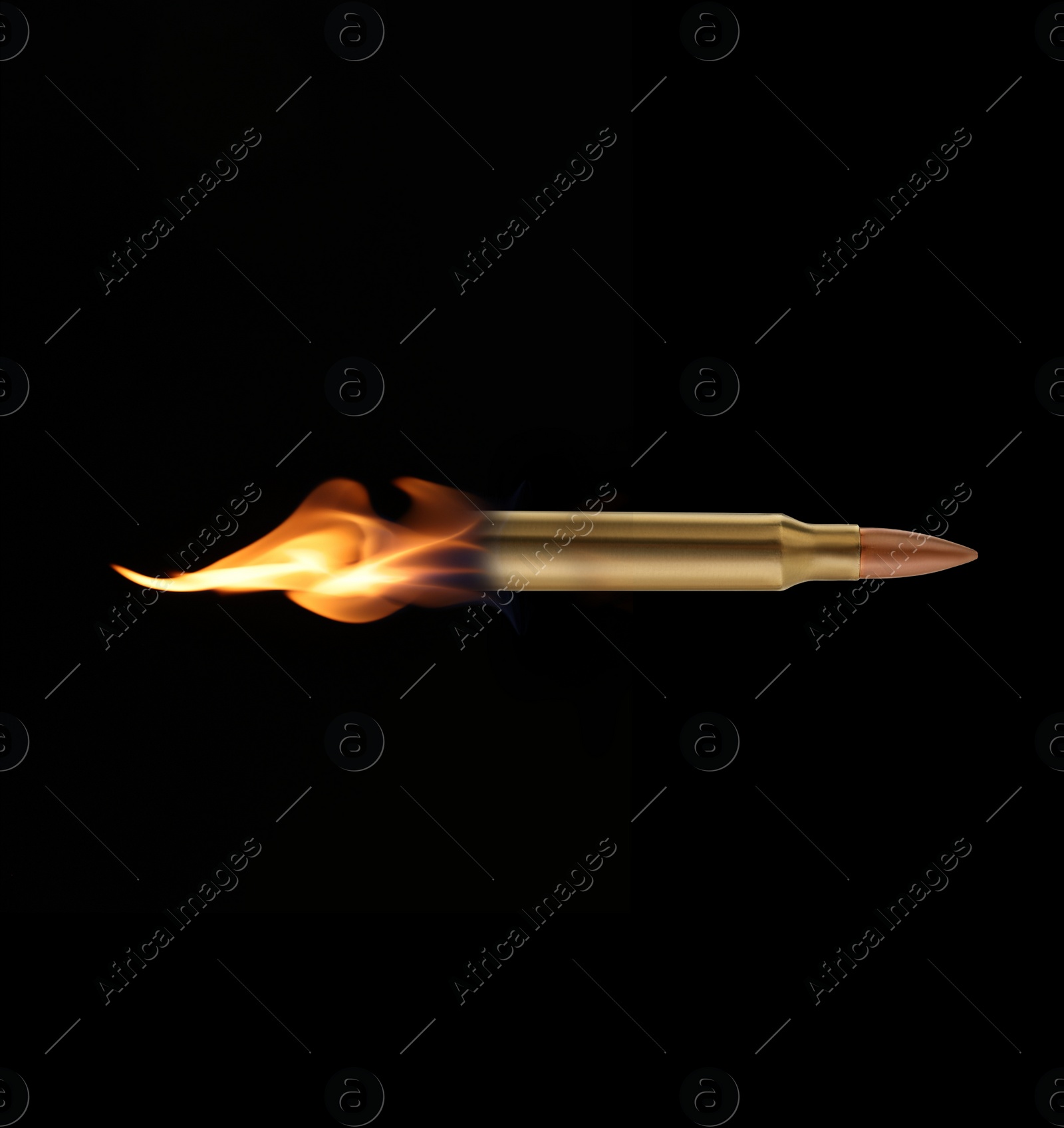 Image of Bullet with flames flying on black background