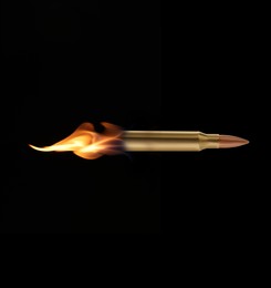 Bullet with flames flying on black background