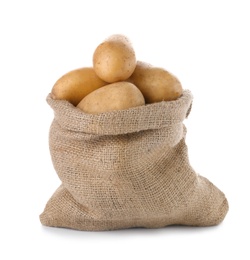 Sack with fresh ripe organic potatoes on white background