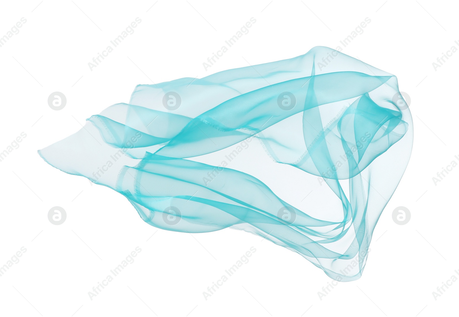 Photo of Beautiful turquoise tulle fabric flying on white background