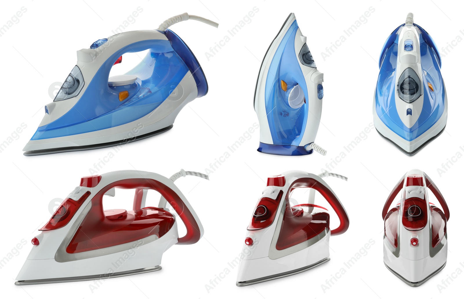 Image of Set with modern irons on white background