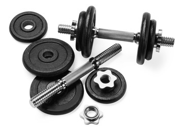 Photo of Metal dumbbell and parts on white background. Sports equipment