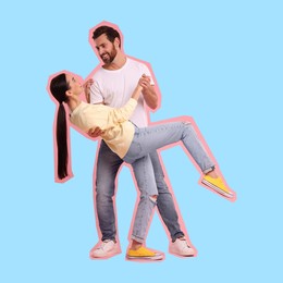 Pop art poster. Happy couple dancing together on light blue background