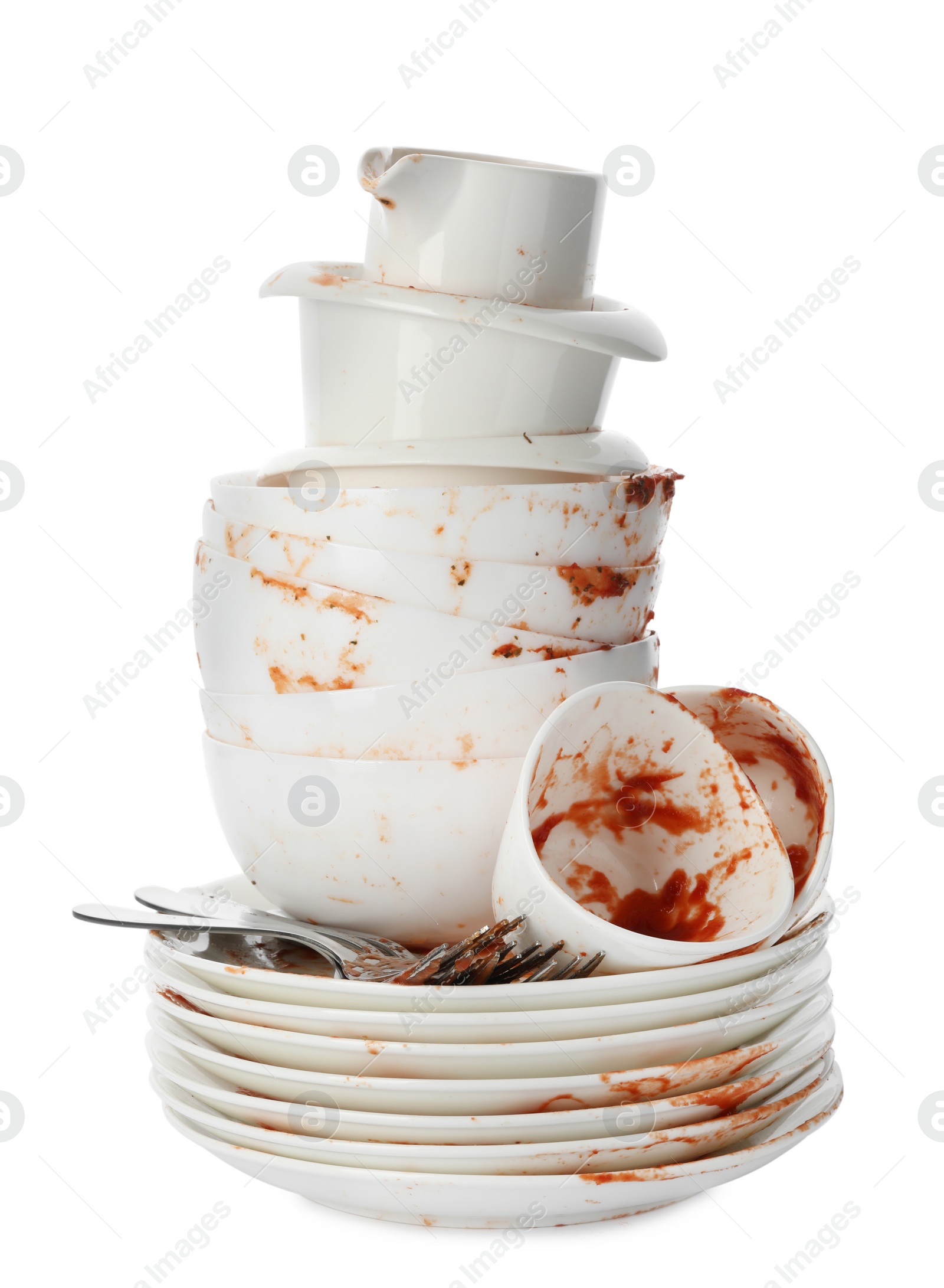 Photo of Set of dirty dishes isolated on white