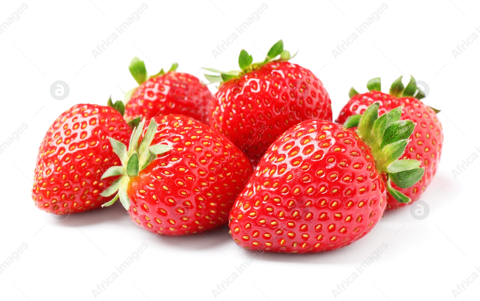 Photo of Pile of delicious fresh red strawberries on white background