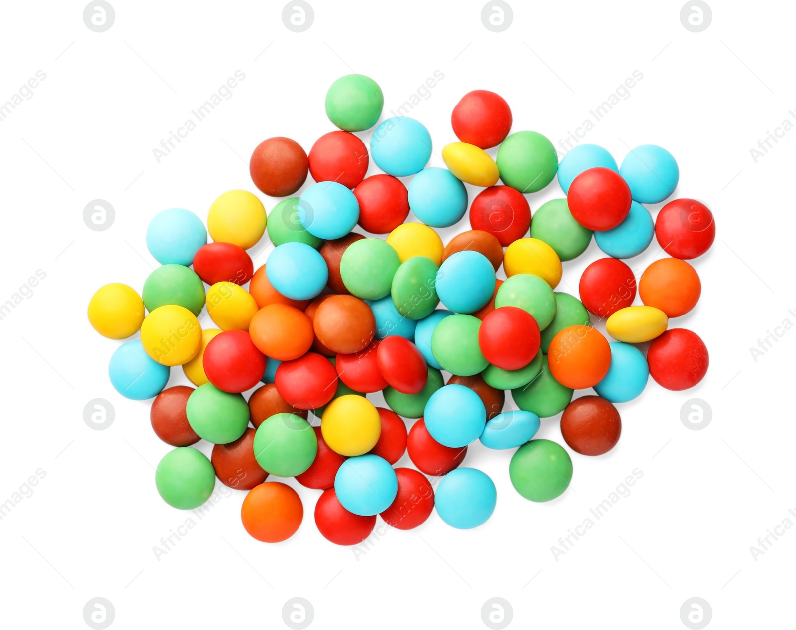 Photo of Tasty colorful candies isolated on white, top view