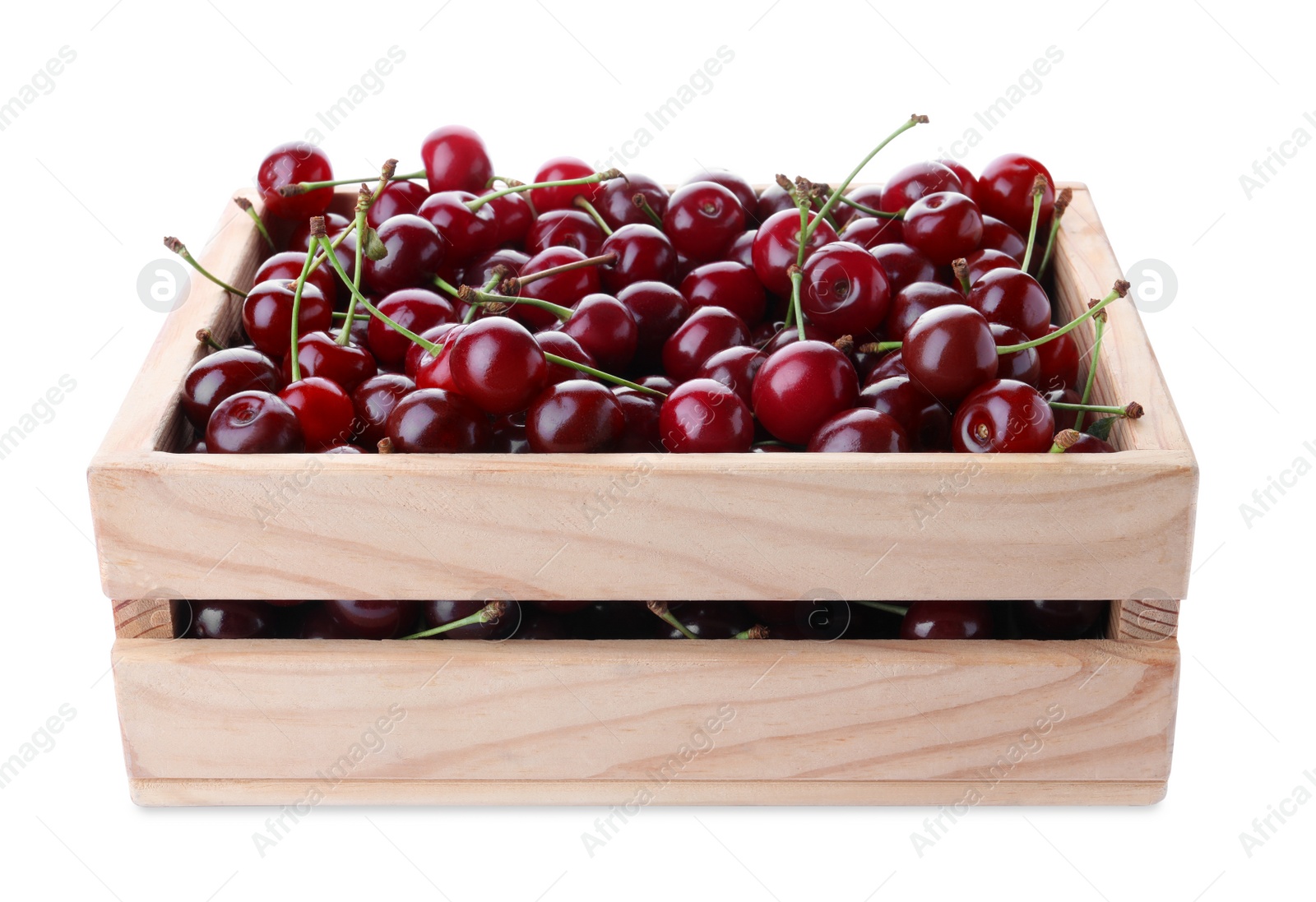 Photo of Sweet juicy cherries in crate on white background