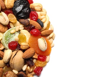 Different dried fruits and nuts on white background, closeup. Space for text