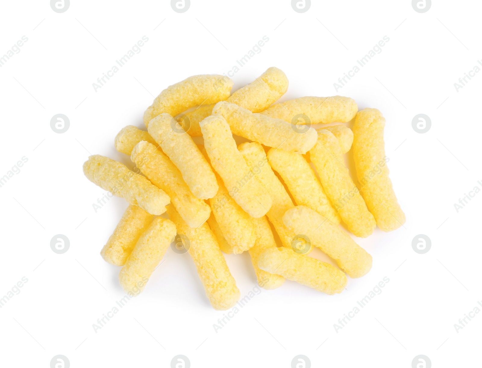 Photo of Pile of tasty corn puffs on white background, top view
