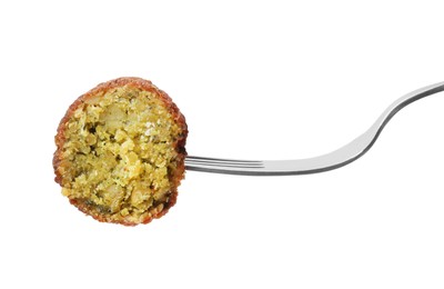 Photo of Delicious falafel ball and fork isolated on white