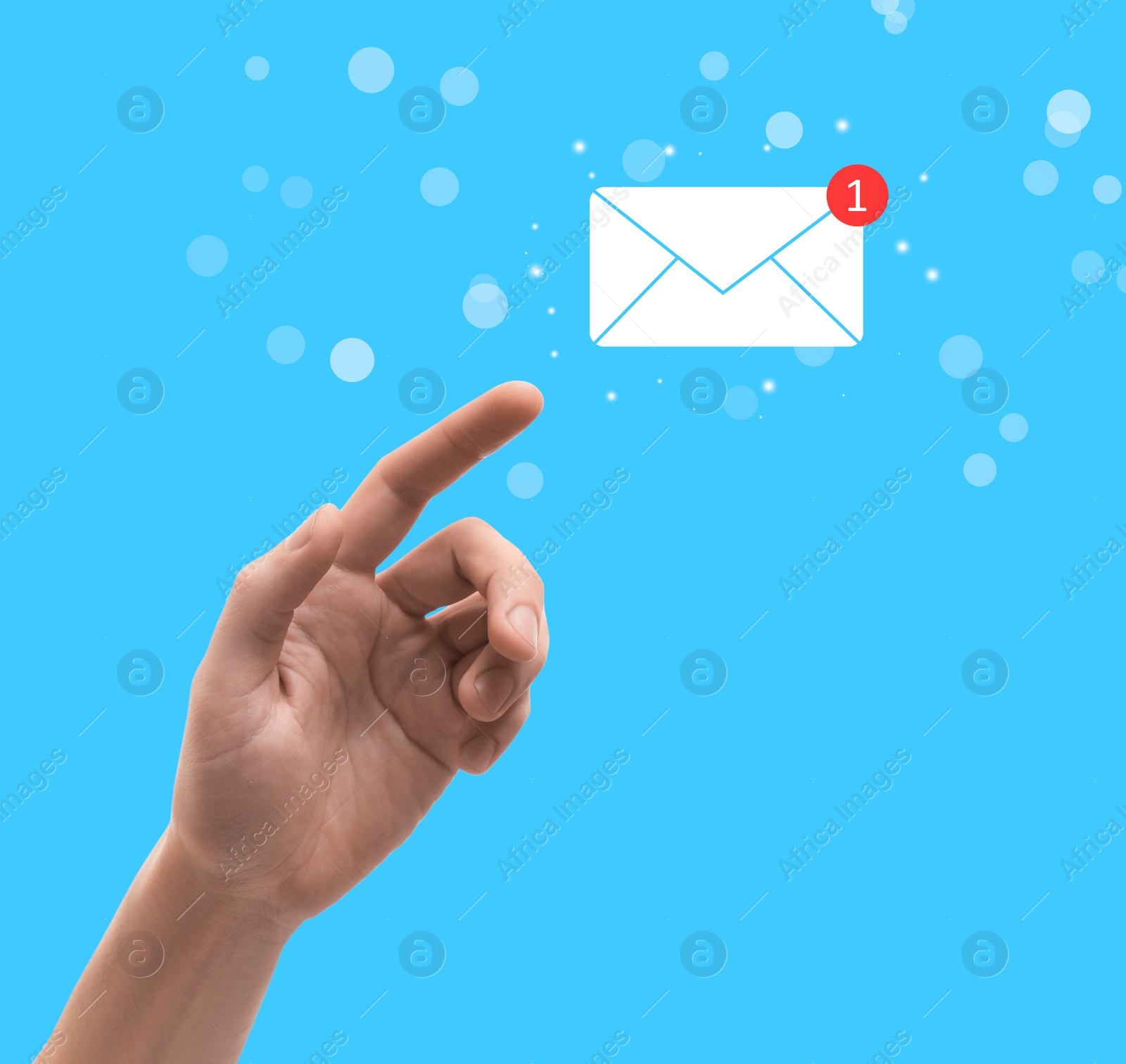 Image of Email. Man touching virtual screen with incoming letter notification against light blue background, closeup