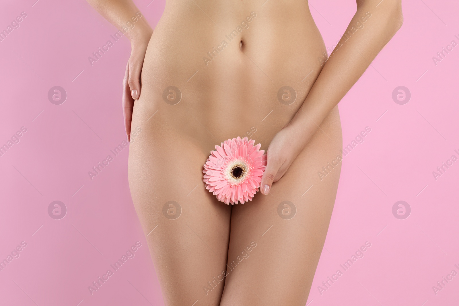 Photo of Woman with gerbera showing smooth skin on pink background, closeup. Brazilian bikini epilation