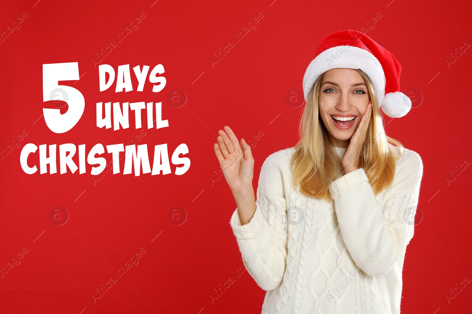 Image of Christmas countdown. Excited woman wearing Santa hat on red background near text