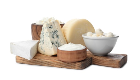 Photo of Different dairy products on white background