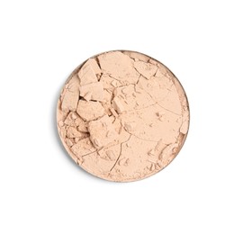 Broken face powder on white background, top view