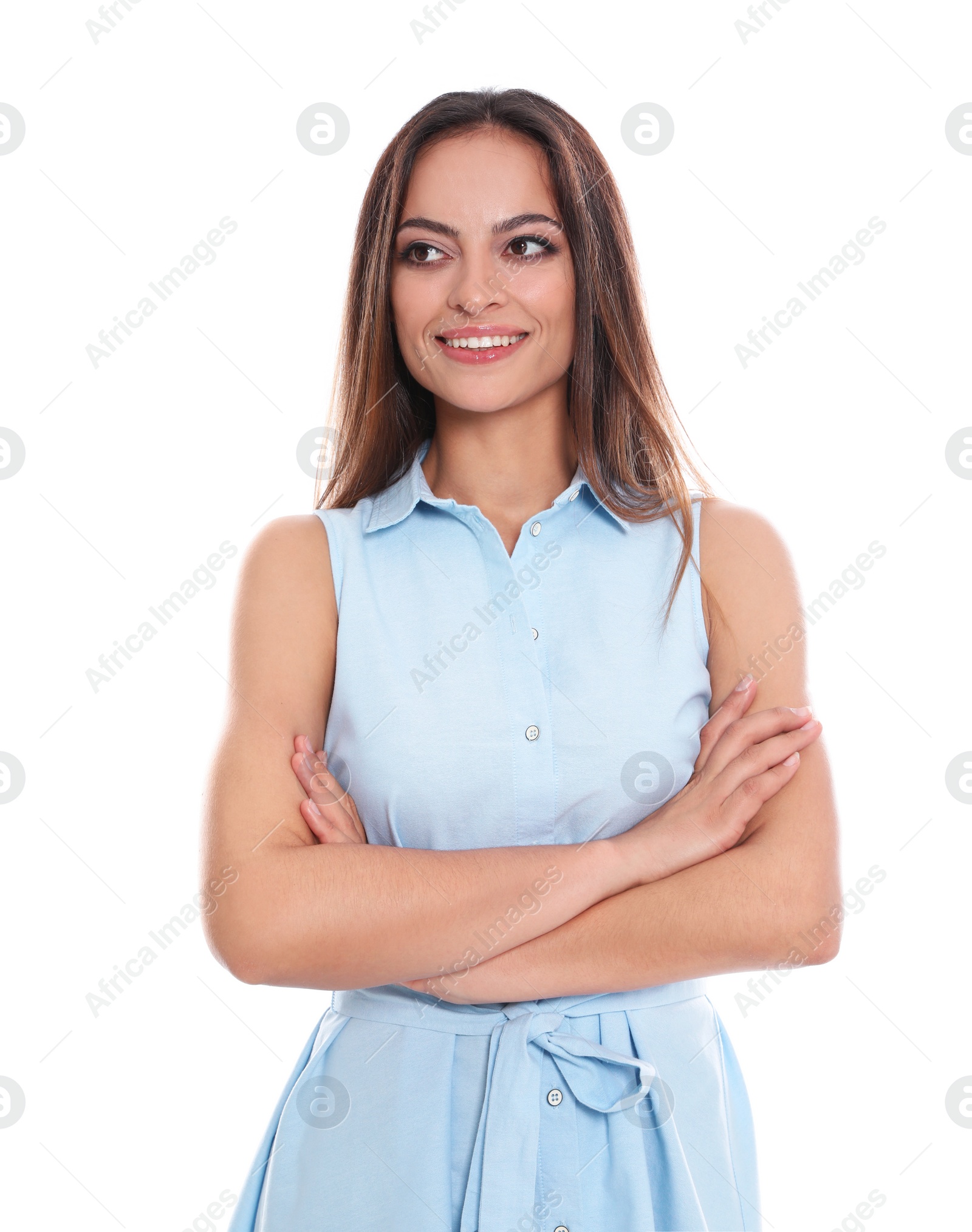 Photo of Portrait of beautiful young woman in dress on white background