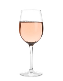 Glass of rose champagne on white background. Festive drink