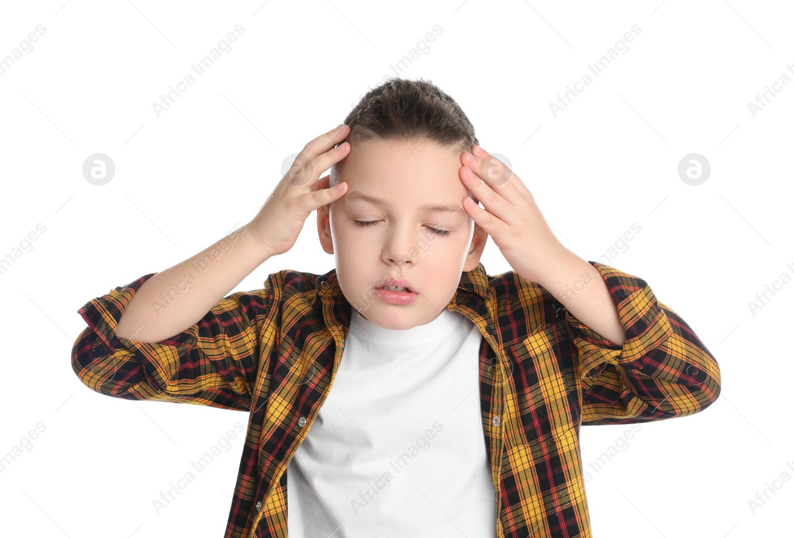 Photo of Portrait of emotional little boy on white background