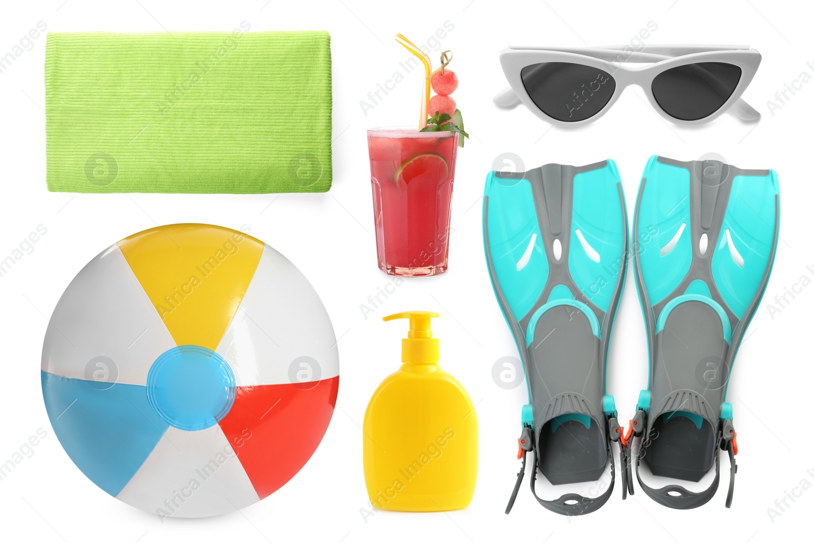 Image of Set with beach ball and other accessories on white background