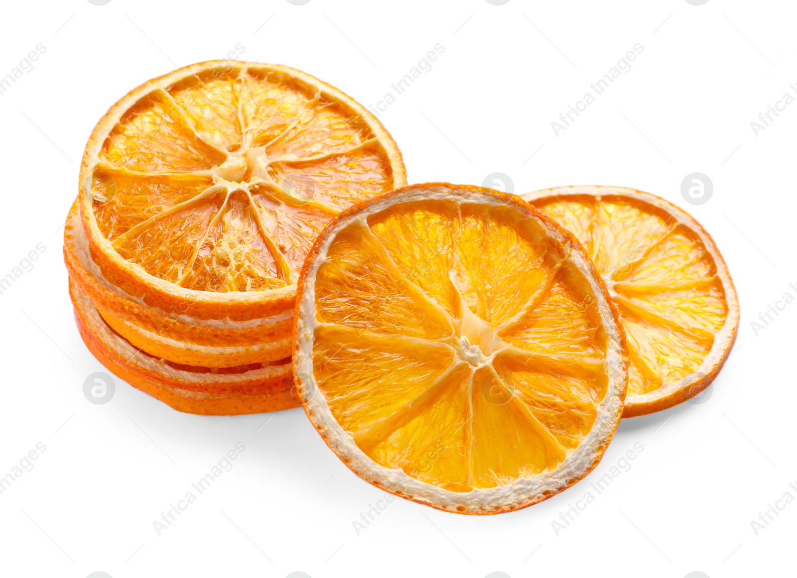 Delicious dry orange slices on white background Photo of Delicious dry orange slices on white background