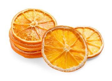 Photo of Delicious dry orange slices on white background