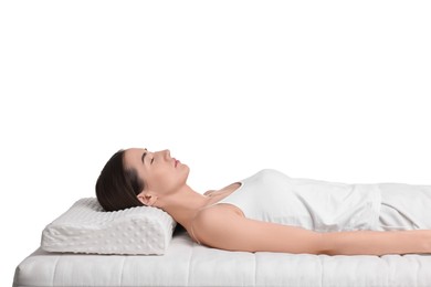 Woman sleeping on orthopedic pillow against white background