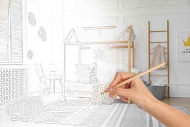 Image of Woman drawing child's room interior design, closeup. Combination of photo and sketch