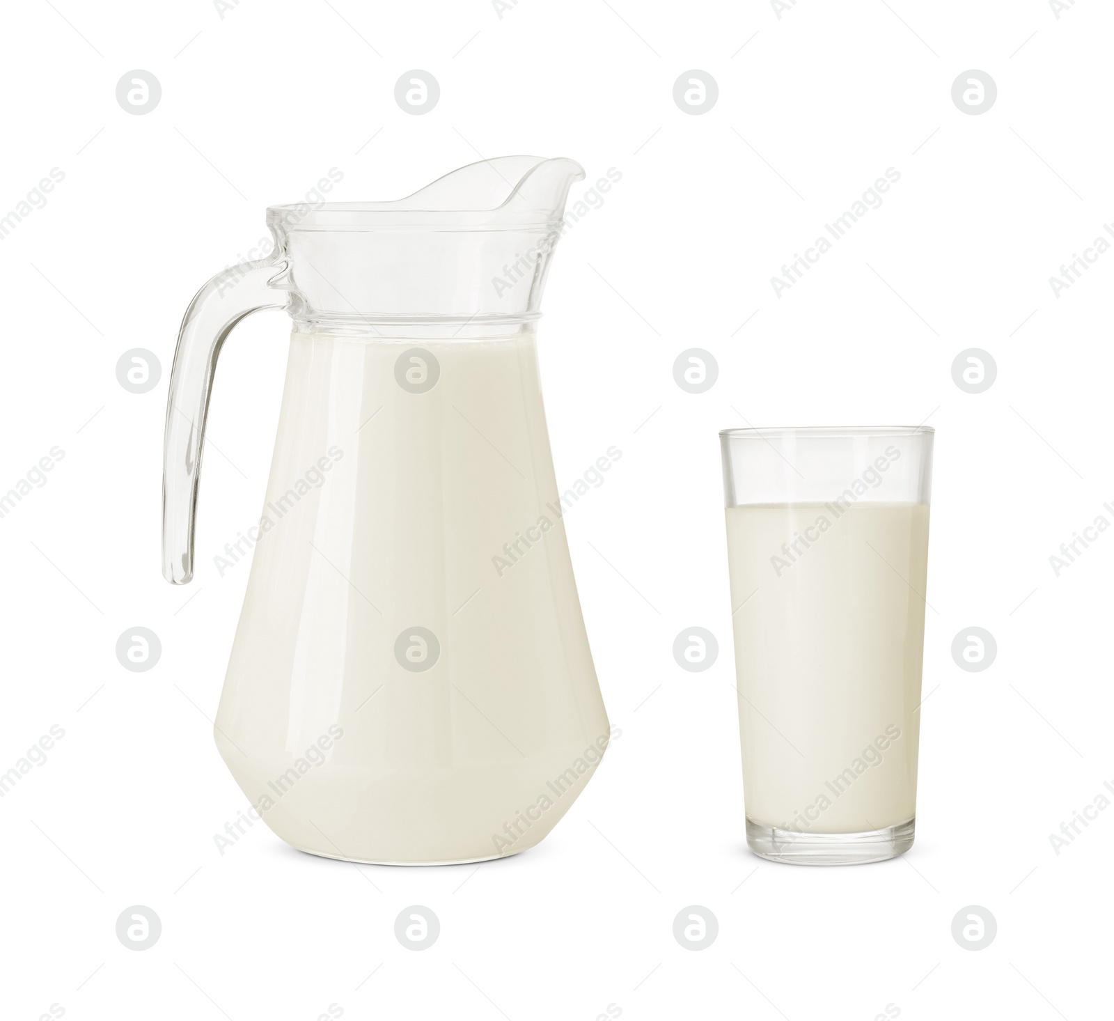 Image of Glass and jug with milk isolated on white