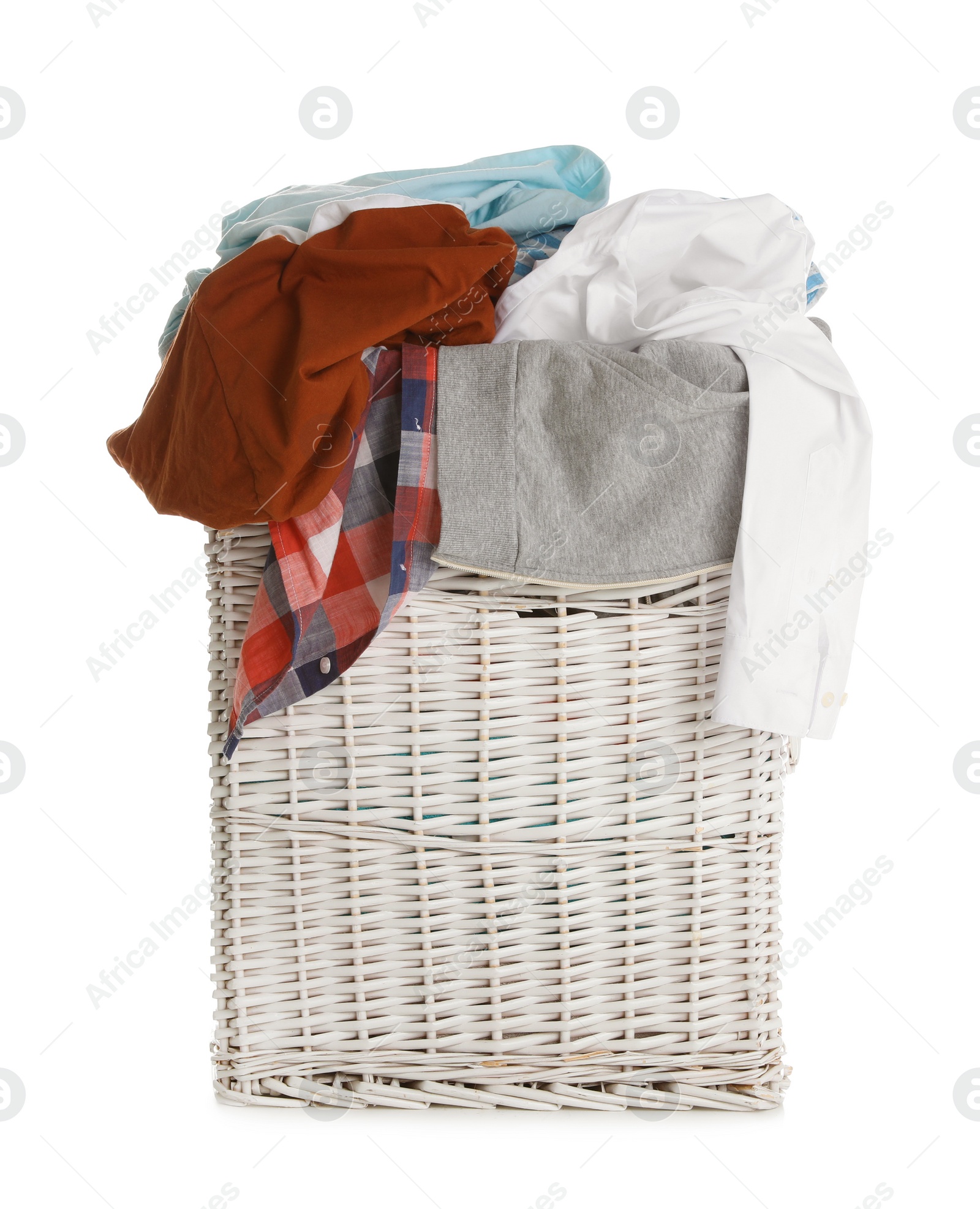Photo of Basket full of dirty laundry isolated on white