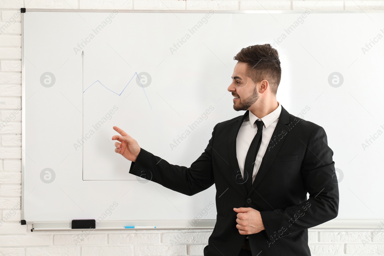 Photo of Professional business trainer near whiteboard in office