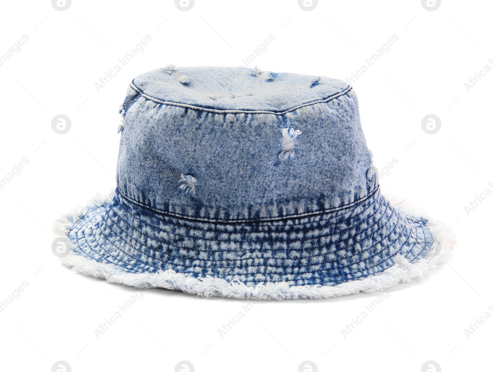 Photo of Stylish denim panama hat isolated on white