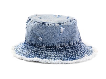 Photo of Stylish denim panama hat isolated on white